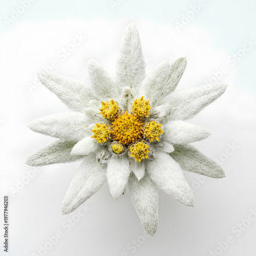 Closeup of a beautiful Edelweiss flower with a white background.