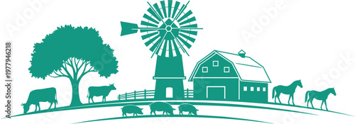 Green farm silhouette, barn and windmill, grazing animals, rural landscape, tree, fence, pigs, horses, cows, agriculture scene, vector illustration, nature
