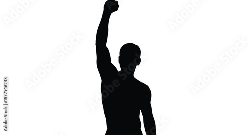 This powerful vector graphic illustration captures a silhouette of a person raising a triumphant fist, symbolizing victory, strength, protest, and successful achievement on a clean white background.