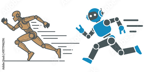 Two robots in a race with speed lines on white background eps 10
