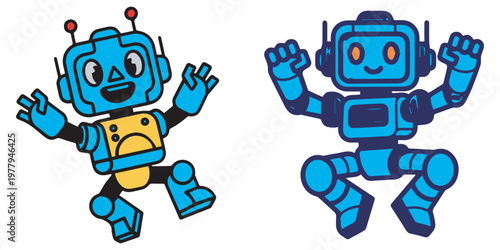 Two joyful blue robots with antennas on white background eps 10