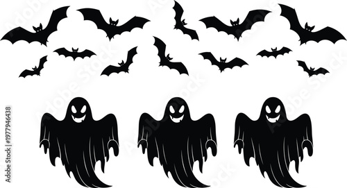 Halloween bat and ghost silhouette vector illustration, black and white, flying bats, spooky ghosts, festive icons, horror theme, seasonal graphic design