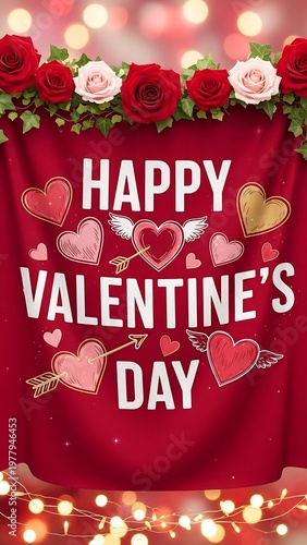 Valentines day greeting red banner with hearts and roses festive design