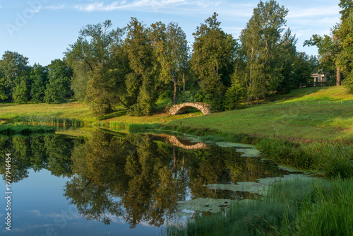 Apollo Bridge on the bank of the Facade Pond on the Slavyanka River in Pavlovsky Park on a sunny summer day, Pavlovsk, St. Petersburg, Russia