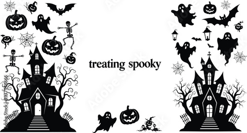 Halloween haunted house scene, spooky ghosts, skeletons, jack-o'-lanterns, bats, spider webs, creepy trees, scary silhouettes, festive vector illustration, horror design