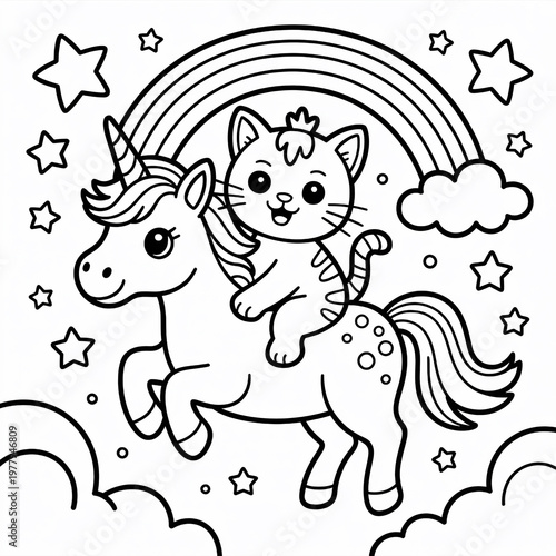 Whimsical unicorn kitten riding through a starry sky with a rainbow