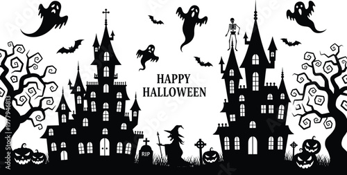 Halloween haunted house vector set, spooky night scene, black and white horror illustration, ghosts, bats, witch, skeleton, graveyard, festive design