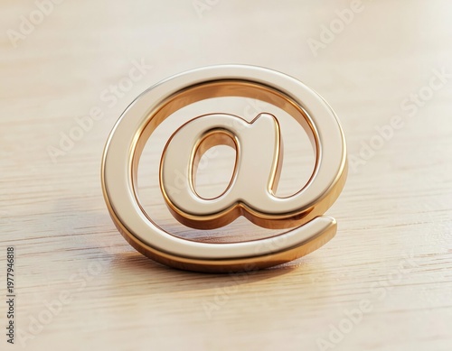 A gold 3D email symbol sign on a wood background represents an electronic mail icon for internet business communication and web address technology information