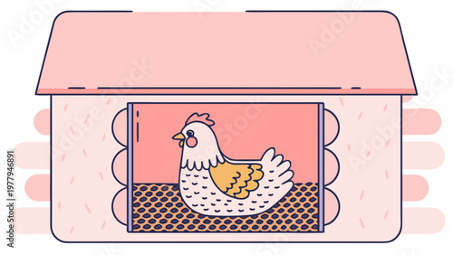 Chicken inside a pink hen house.