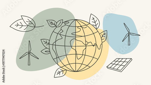 Globe encircled by leaves, wind turbines, and solar panels represents global sustainability.