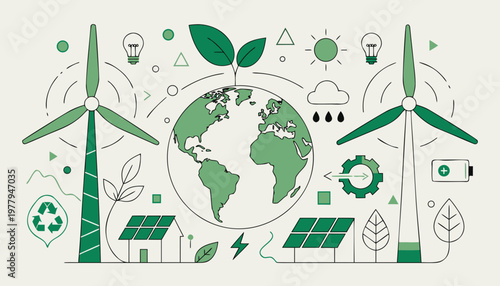 Renewable energy sources surround a stylized globe illustrating environmental concepts.