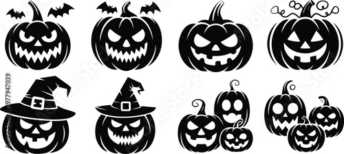 Halloween pumpkin silhouettes, spooky jack o lantern faces, witch hat pumpkins, scary bat pumpkins, vector Halloween illustration, black pumpkin icons for decoration and design
