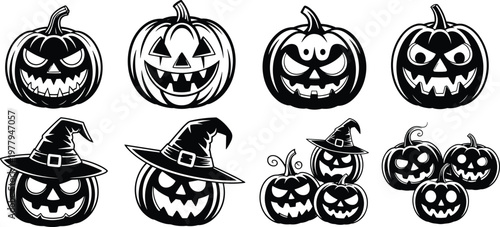 Halloween pumpkin silhouettes, spooky jack o lantern faces, witch hat pumpkins, scary pumpkin illustration, black Halloween vector icons for decoration, design, and celebration