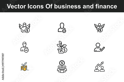 Vector icons of business and finance featuring angel investors, growth, and user management. isolated on white background, Vector, illustration