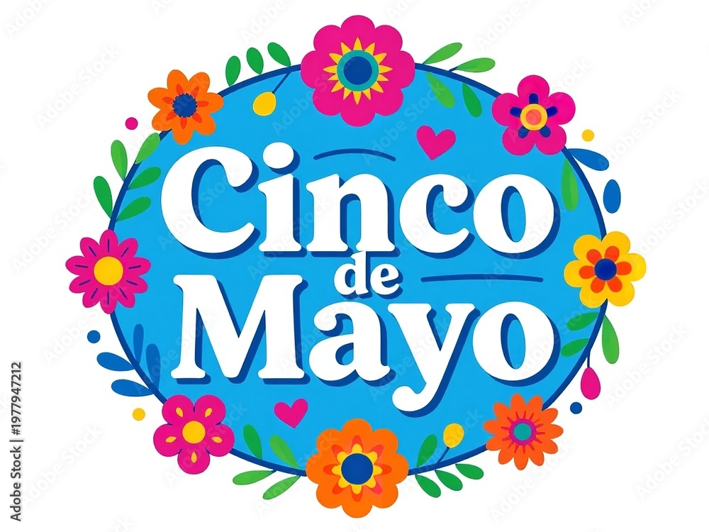 Obraz premium Vibrant Cinco de Mayo celebration logo with colorful flowers and festive text, capturing the essence of Mexican culture and holiday spirit in a joyful and lively design.