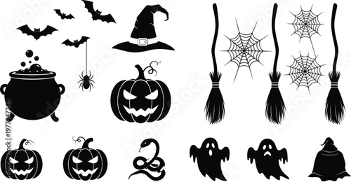 Halloween silhouette icons, spooky bats, ghosts, jack-o'-lanterns, witch hat, spider webs, cauldron, broomstick, scary elements, black vector illustration