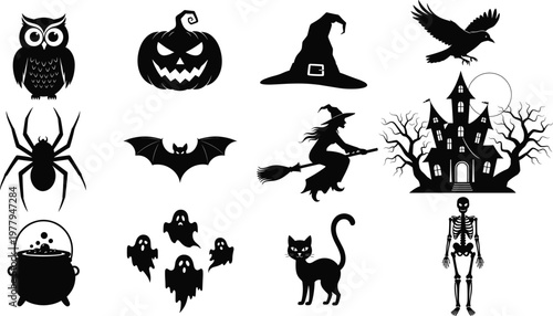 Halloween silhouette scene, black vector illustration, flying witches, spooky ghosts, haunted castles, bats, graveyard tombstones, spider webs, jack-o'-lantern, zombie hands, eerie tree
