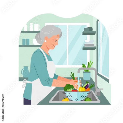 senior woman washing vegetables in kitchen sink at home