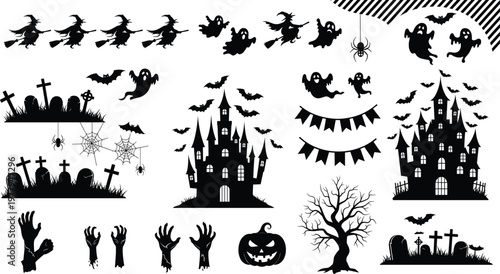 Halloween silhouette scene, black vector illustration, flying witches, spooky ghosts, haunted castles, bats, graveyard tombstones, spider webs, jack-o'-lantern, zombie hands
