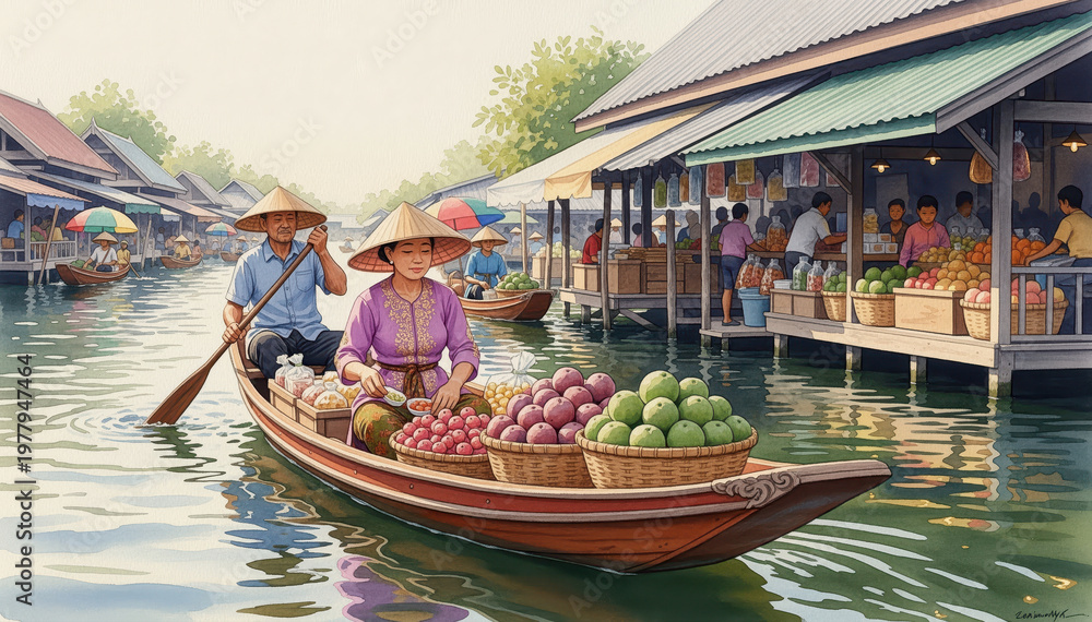 Obraz premium Floating Market Life: A vibrant scene unfolds at a bustling floating market. Vendors navigate their wooden boats laden with fresh produce through the serene waters.