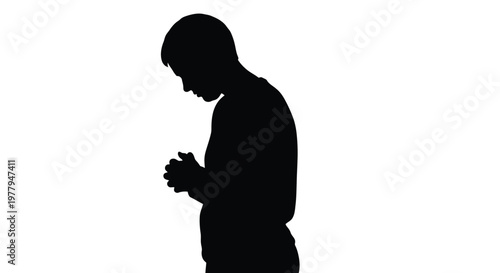 Powerful vector graphic illustration depicting a thoughtful young person in silhouette, head bowed and hands clasped, representing prayer, reflection, or quiet contemplation.