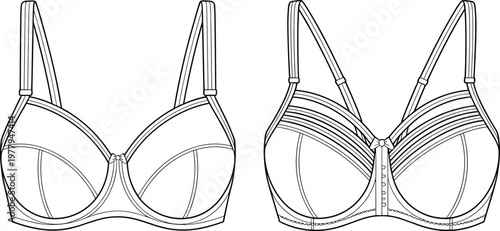 Women bra lingerie set, front and back view undergarment design, detailed outline vector illustration for fashion apparel isolated on white background