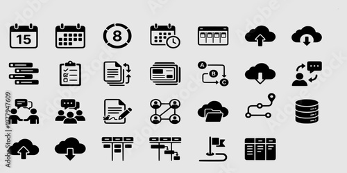 icon sheet collection of professional business management and project workflow symbols featuring calendars, cloud data, team collaboration, and strategic planning diagrams.