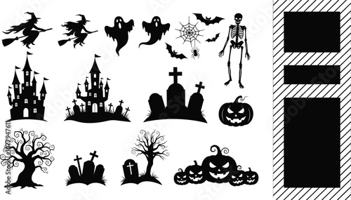 Halloween silhouette vector illustration, witch, ghost, bat, skeleton, haunted castle, graveyard, jack-o'-lantern, spider web, spooky tree, festive design