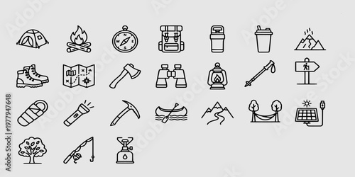 icon sheet collection of outdoor adventure and camping equipment featuring tents, backpacks, compass, mountain hiking gear, and wilderness survival tools.