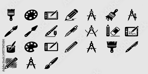 icon sheet collection of artistic and graphic design tools featuring paint brushes, palettes, pencils, digital tablets, and technical drawing compasses.