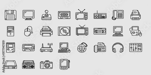 icon sheet collection of nostalgic retro technology and vintage electronics featuring old computers, cassette tapes, floppy disks, and classic gaming.