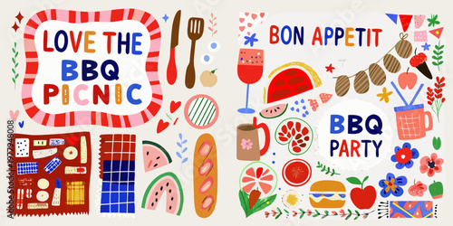 Colorful illustration depicting a barbecue picnic with food and celebratory text