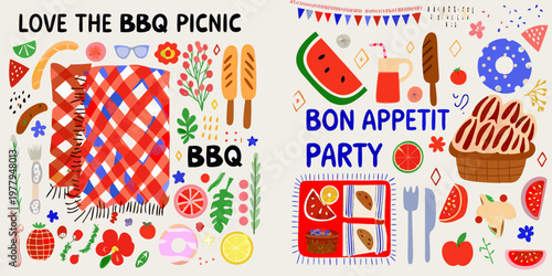 Colorful illustration of a barbecue picnic with food and decorations