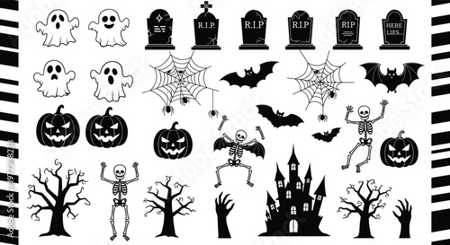 Halloween vector illustration, spooky ghost grid, haunted house, skeletons and gravestones, bats and pumpkins, creepy tree, black and white design, horror theme