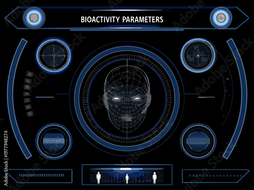 Futuristic interface displaying bioactivity parameters and a human head scan