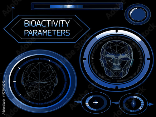 Futuristic bioactivity parameters interface with digital human head displays