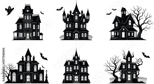 Haunted house silhouette illustration, black vector design with spooky architecture, bats, trees, ghost elements for Halloween theme, horror concept, decoration