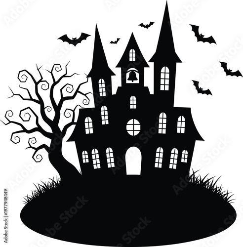Haunted house silhouette, spooky tree, flying bats, Halloween scene, black vector illustration, eerie design, horror theme, creepy night atmosphere