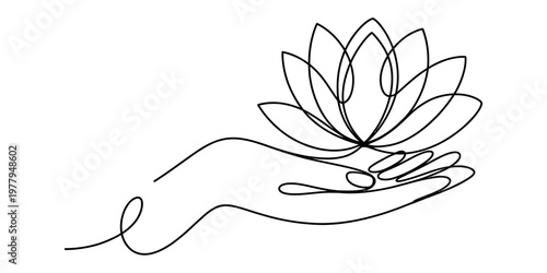 Minimalist one line drawing of a human hand gently holding a blooming lotus flower illustration Vector, illustration