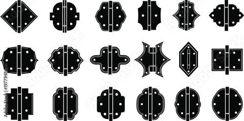 Hinge silhouette vector set, black hardware icons, decorative and functional styles, vintage metalwork collection, isolated on white background, editable illustration