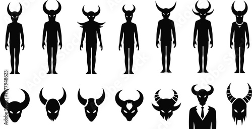 Horned humanoid silhouette icon set, demon character vector illustration, fantasy creature graphic, black monster design, mythology and horror concept collection
