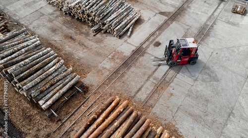 Canvastavla loader in a log warehouse at a woodworking enterprise top view.