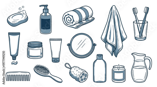 Bathroom essentials and apothecary doodle kit featuring toiletries and mirror for daily beauty routine and self care concept