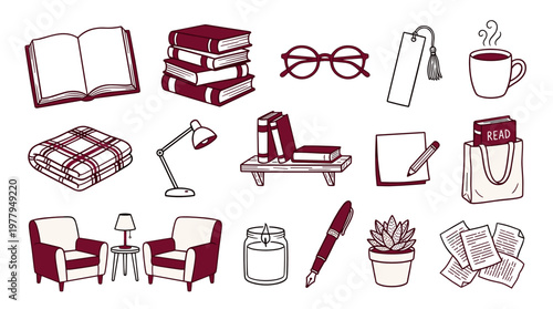 Book lover and reading doodle collection with armchair and library items for education hobby and literary relaxation concept
