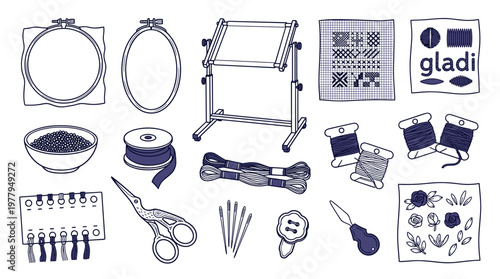 Embroidery and needlework hobby doodle kit with hoops and thread spools for creative artistic pastime and handmade craft concept