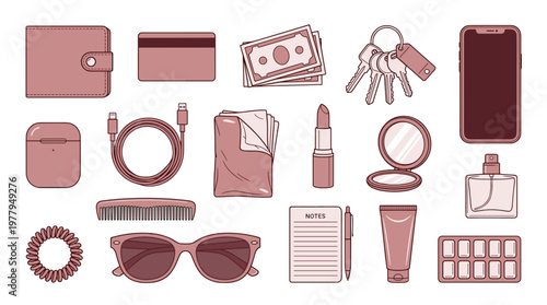 Handbag essentials and everyday carry edc doodle set with phone and cosmetics for female lifestyle and fashion accessories concept