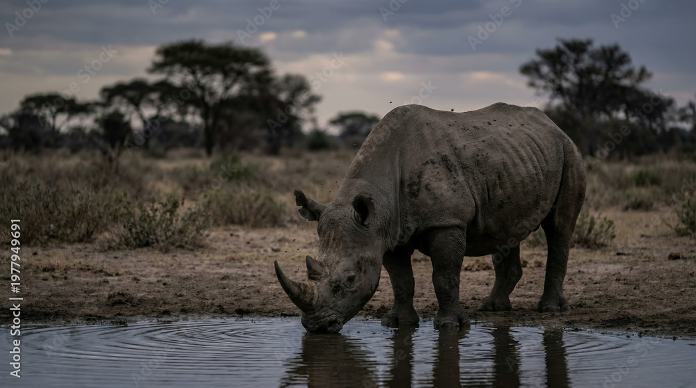 Fototapeta premium Black Rhinoceros at Waterhole in Soft Dusk Light