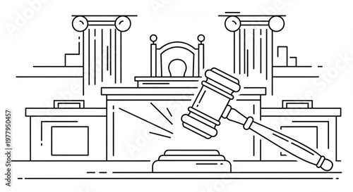 Courtroom gavel striking sound on desk in front of judge's bench with columns symbolizing justice and law