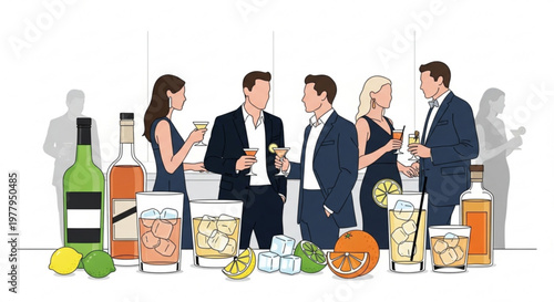 Group of elegant adults socializing with cocktails and drinks at a sophisticated party reception with business attire