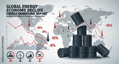 Global Energy Economy Decline Downturn Report with Oil Barrels.